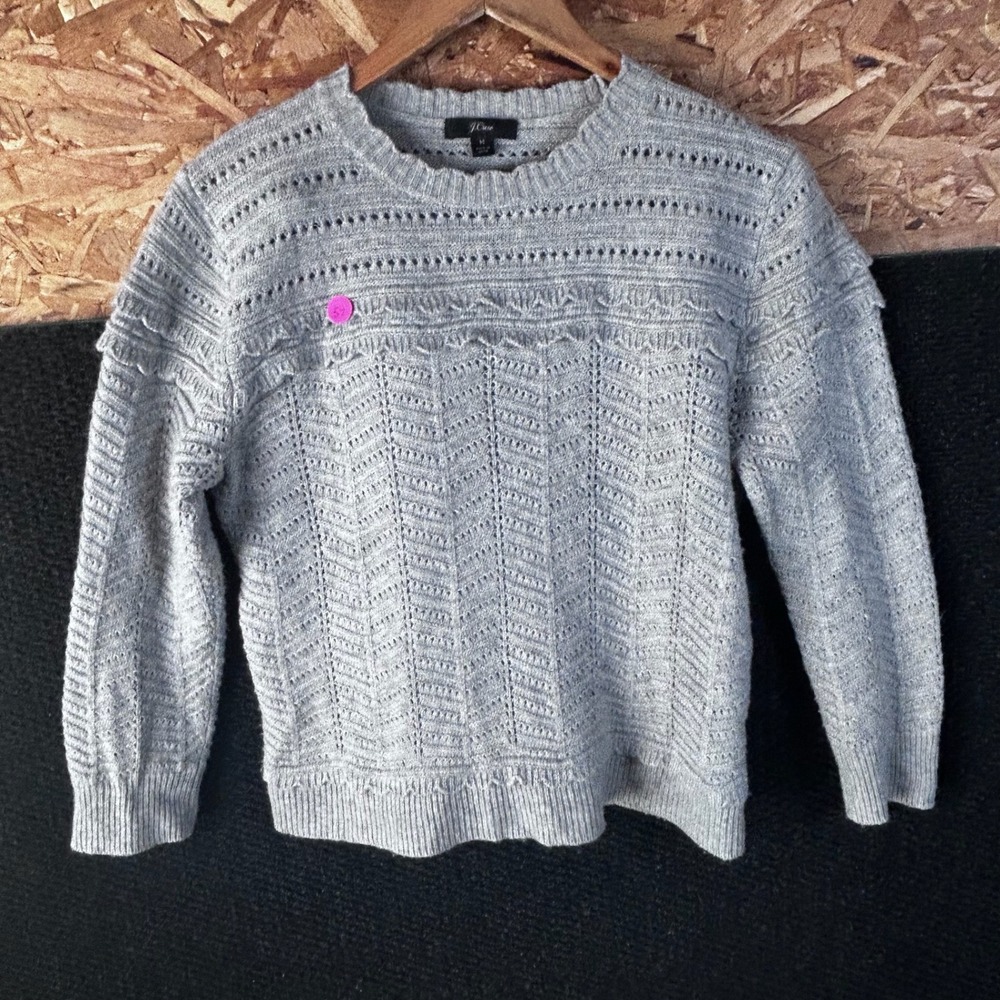 J.Crew Gray Pointelle‎ Knit Wool Blend Ruffle Sweater Medium Gray Long Sleeve